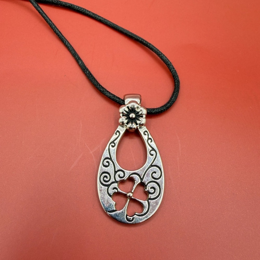 Silver Tone Floral Teardrop Pendant Necklace Black Cord Boho Statement Vintage